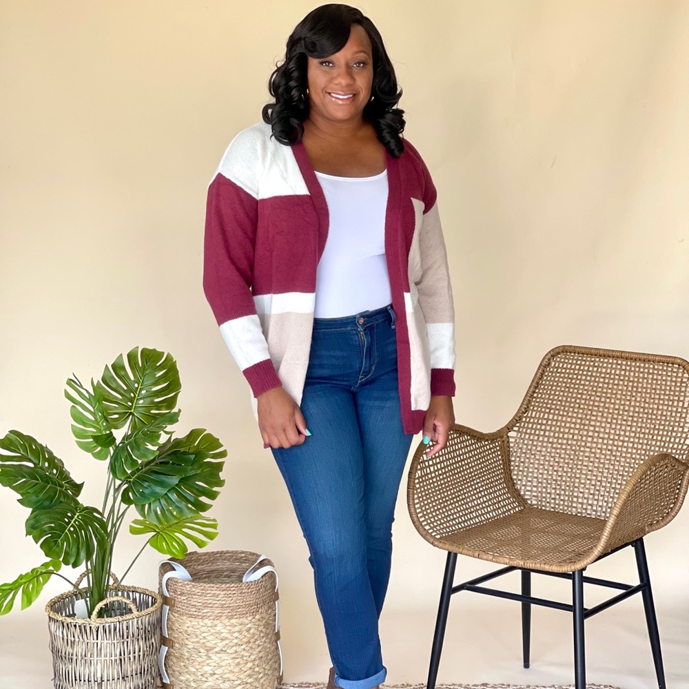 Color Block Cardigan (Wine)
